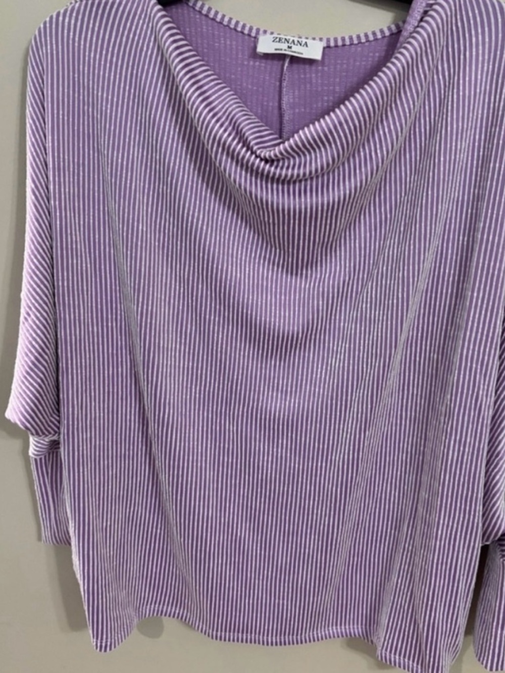 Zenana Outfitters Lavender Striped Cowl Neck Top